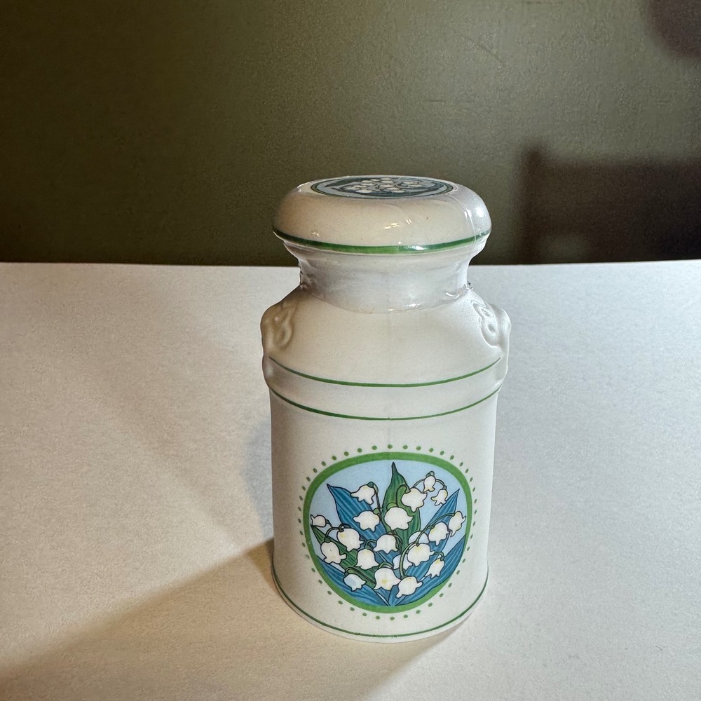 Vintage Jasco Ceramic Milk Can Jar Lily of the Valley Floral White Green Taiwan